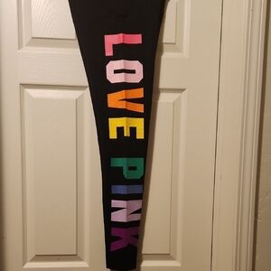 PINK Victoria's Secret Black and Red Leggings with Bold Multicolor Design